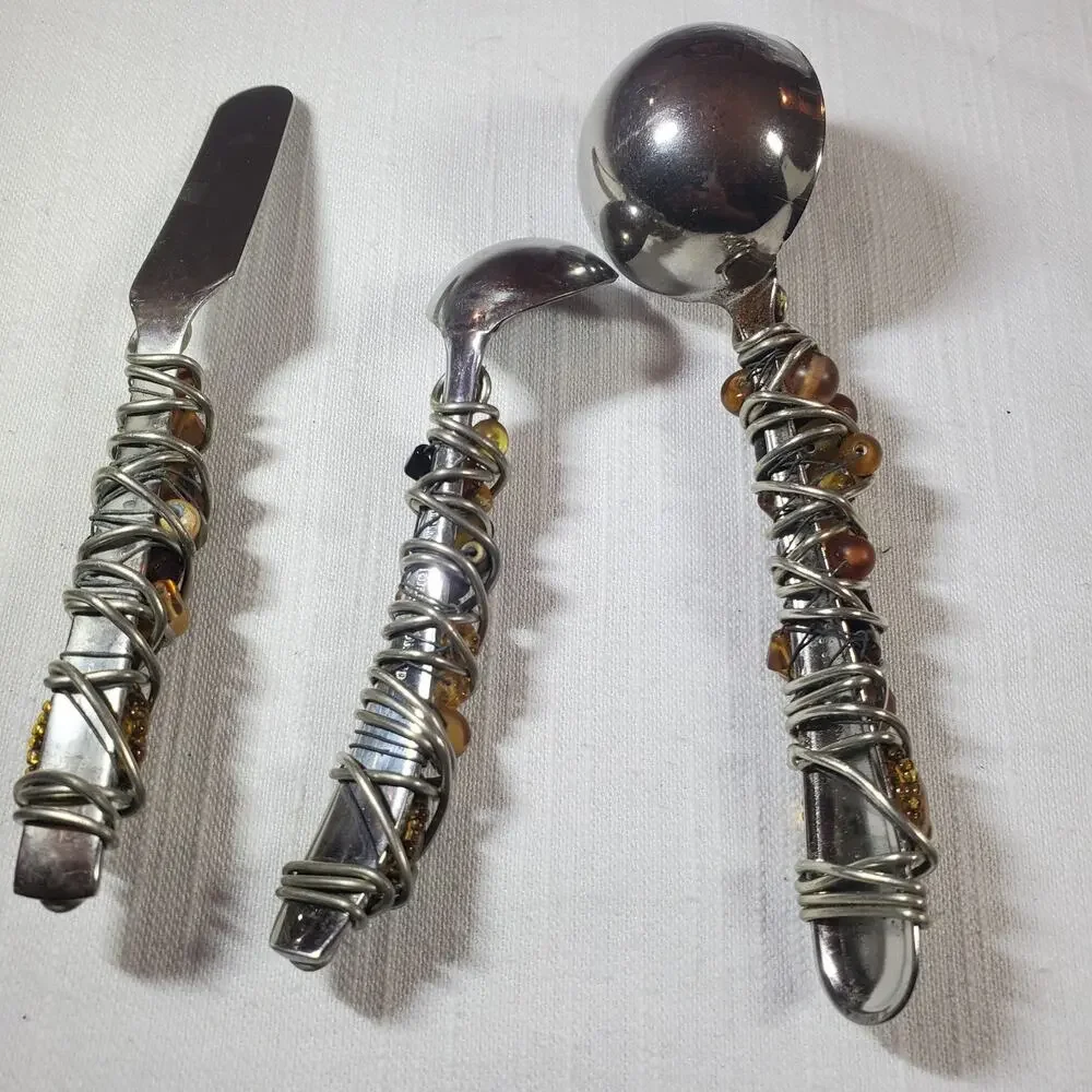 Vintage Wire Wrapped Amber Bead Charcuterie Appetizer Set Serving Knife Spoons
